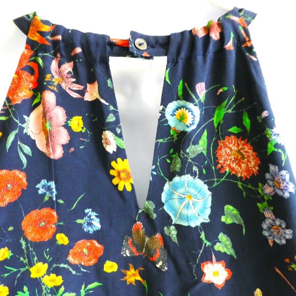 SiLK Ecru Brand Navy Floral Cami Top High Neck Keyhole Button Back Lined S Small - Picture 6 of 9